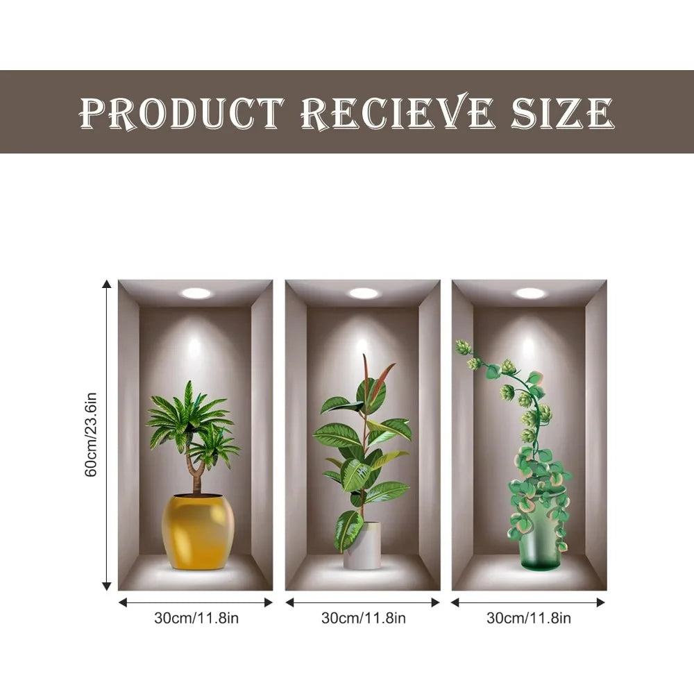 3D Potted Plants Wall Stickers Set of 3 Green Plants Leaves Wall Decals Peel and Stick 3D Magic Wall Art Sticker for Living Room