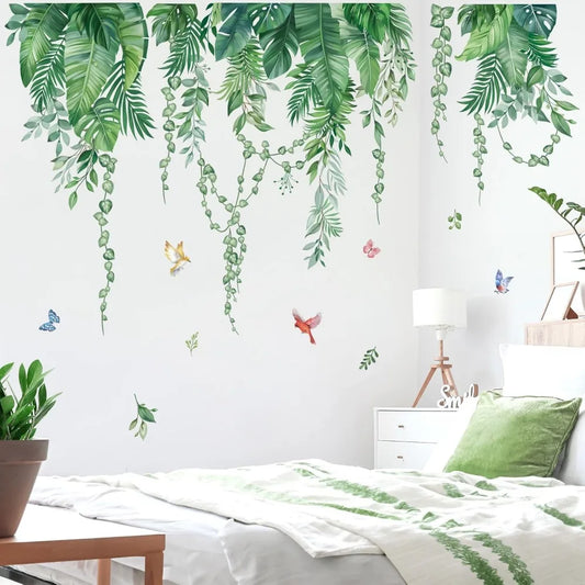 Green Tropical Leaves Wall Stickers Hanging Vines Palm Leaf Plants Peel and Stick Wall Art Decals for Bedroom Living Room Sofa