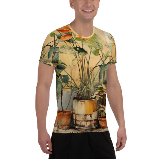 Mens Stretch Fit Athletic Sports T-shirt - Earthy Rustic Potted Plants