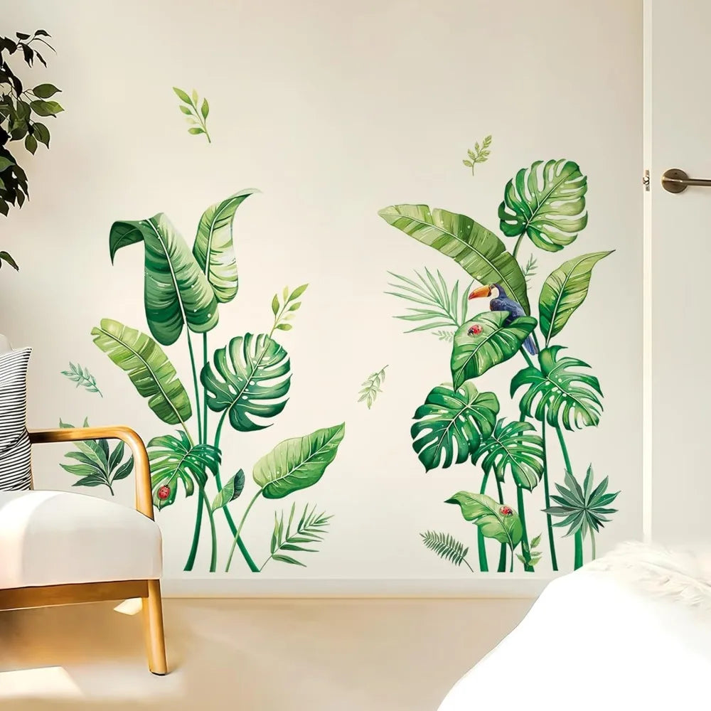 Tropical Palm Leaves Wall Stickers Large Monstera Leaf Wall Decals Green Plants Birds Peel and Stick Art Decor for Living Room