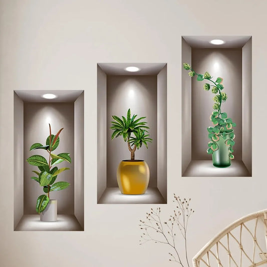 3D Potted Plants Wall Stickers Set of 3 Green Plants Leaves Wall Decals Peel and Stick 3D Magic Wall Art Sticker for Living Room