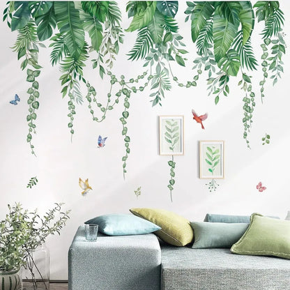 Green Tropical Leaves Wall Stickers Hanging Vines Palm Leaf Plants Peel and Stick Wall Art Decals for Bedroom Living Room Sofa