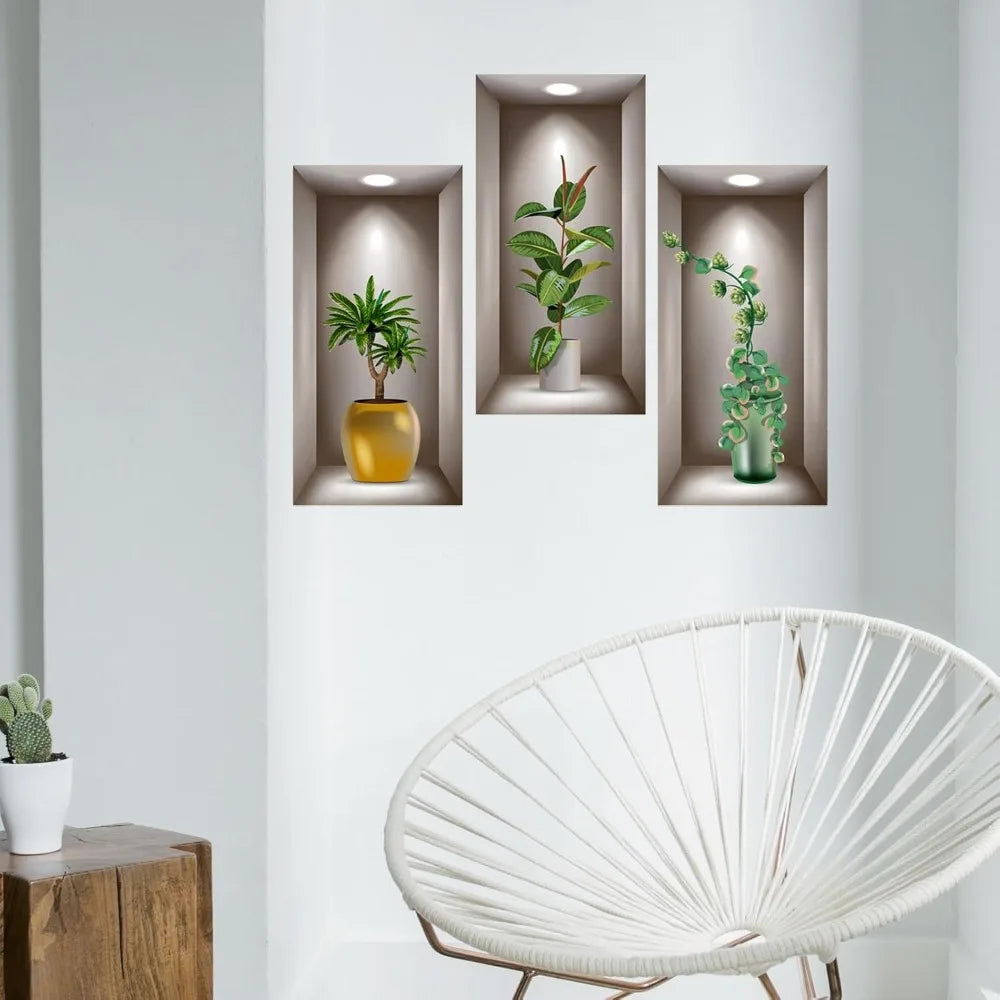 3D Potted Plants Wall Stickers Set of 3 Green Plants Leaves Wall Decals Peel and Stick 3D Magic Wall Art Sticker for Living Room