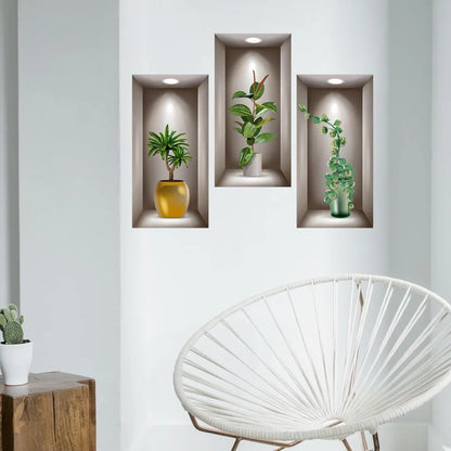 3D Potted Plants Wall Stickers Set of 3 Green Plants Leaves Wall Decals Peel and Stick 3D Magic Wall Art Sticker for Living Room