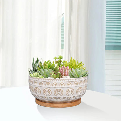 8 Inch White Ceramic Succulent Planter with Drainage Hole and Saucer, Round Shallow Pot for Indoor Plants
