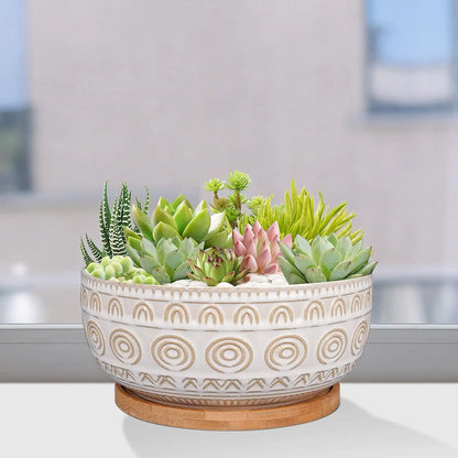 8 Inch White Ceramic Succulent Planter with Drainage Hole and Saucer, Round Shallow Pot for Indoor Plants