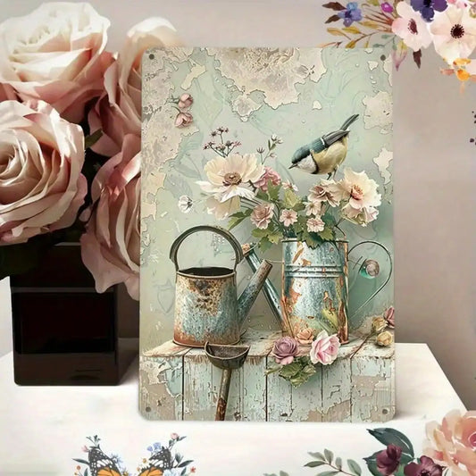1PC Tin Sign Floral Watering Can - Vintage, Rustic Botanical Art