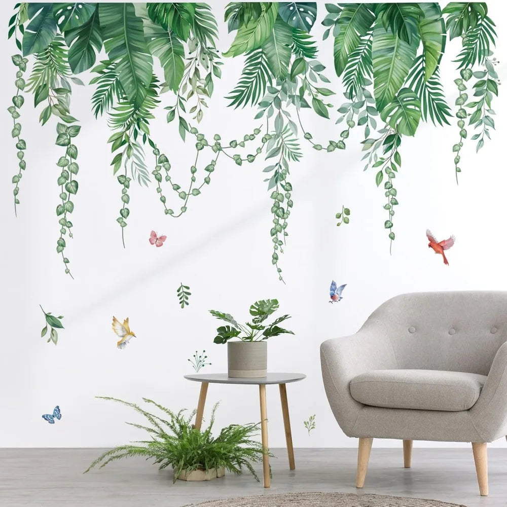 Green Tropical Leaves Wall Stickers Hanging Vines Palm Leaf Plants Peel and Stick Wall Art Decals for Bedroom Living Room Sofa