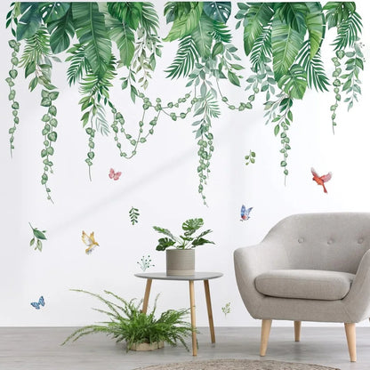Green Tropical Leaves Wall Stickers Hanging Vines Palm Leaf Plants Peel and Stick Wall Art Decals for Bedroom Living Room Sofa