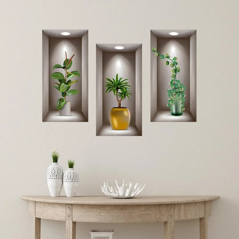 3D Potted Plants Wall Stickers Set of 3 Green Plants Leaves Wall Decals Peel and Stick 3D Magic Wall Art Sticker for Living Room