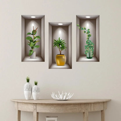 3D Potted Plants Wall Stickers Set of 3 Green Plants Leaves Wall Decals Peel and Stick 3D Magic Wall Art Sticker for Living Room