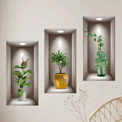 3D Potted Plants Wall Stickers Set of 3 Green Plants Leaves Wall Decals Peel and Stick 3D Magic Wall Art Sticker for Living Room