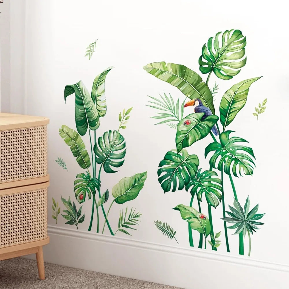 Tropical Palm Leaves Wall Stickers Large Monstera Leaf Wall Decals Green Plants Birds Peel and Stick Art Decor for Living Room