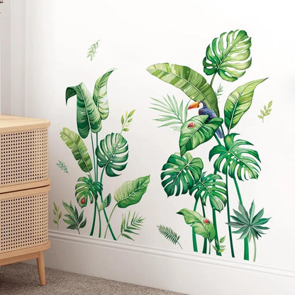 Tropical Palm Leaves Wall Stickers Large Monstera Leaf Wall Decals Green Plants Birds Peel and Stick Art Decor for Living Room