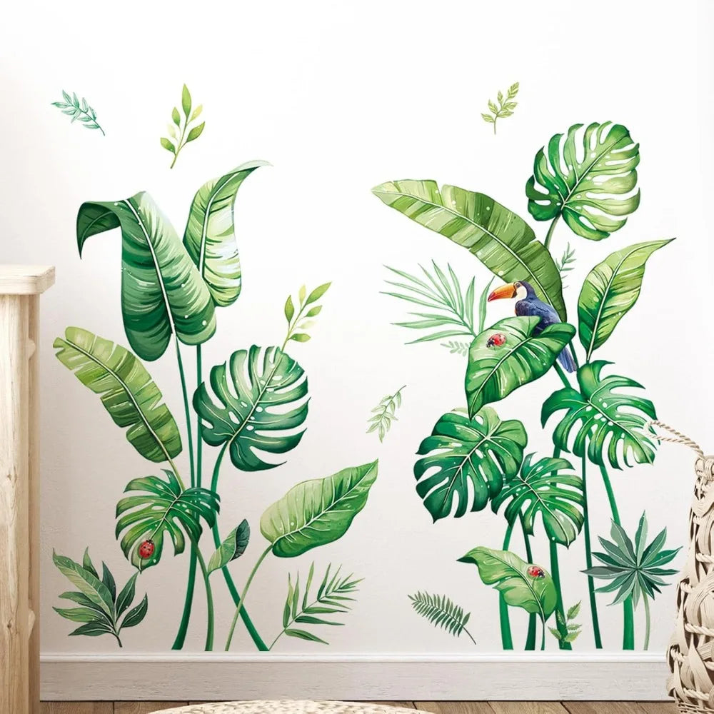 Tropical Palm Leaves Wall Stickers Large Monstera Leaf Wall Decals Green Plants Birds Peel and Stick Art Decor for Living Room