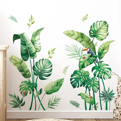 Tropical Palm Leaves Wall Stickers Large Monstera Leaf Wall Decals Green Plants Birds Peel and Stick Art Decor for Living Room