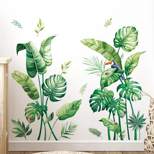 Tropical Palm Leaves Wall Stickers Large Monstera Leaf Wall Decals Green Plants Birds Peel and Stick Art Decor for Living Room
