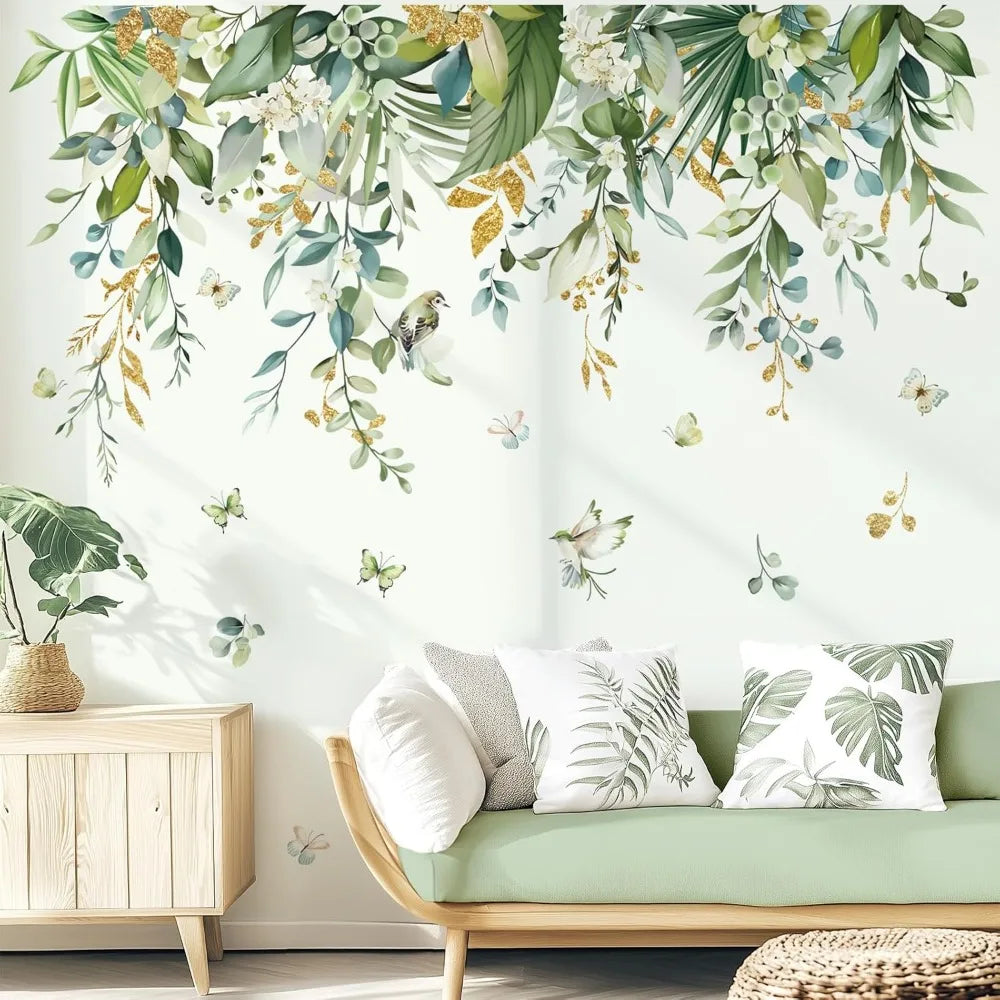 Green Tropical Leaves Wall Stickers Hanging Vines Palm Leaf Plants Peel and Stick Wall Art Decals for Bedroom Living Room Sofa