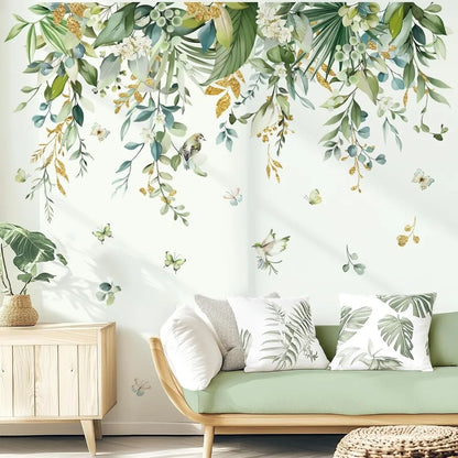 Green Tropical Leaves Wall Stickers Hanging Vines Palm Leaf Plants Peel and Stick Wall Art Decals for Bedroom Living Room Sofa