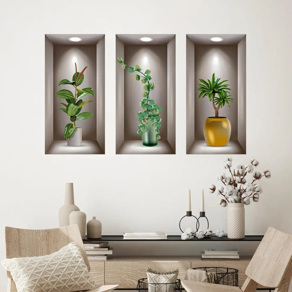 3D Potted Plants Wall Stickers Set of 3 Green Plants Leaves Wall Decals Peel and Stick 3D Magic Wall Art Sticker for Living Room