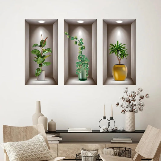 3D Potted Plants Wall Stickers Set of 3 Green Plants Leaves Wall Decals Peel and Stick 3D Magic Wall Art Sticker for Living Room