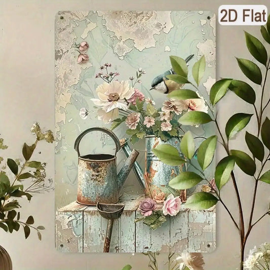 1PC Tin Sign Floral Watering Can - Vintage, Rustic Botanical Art