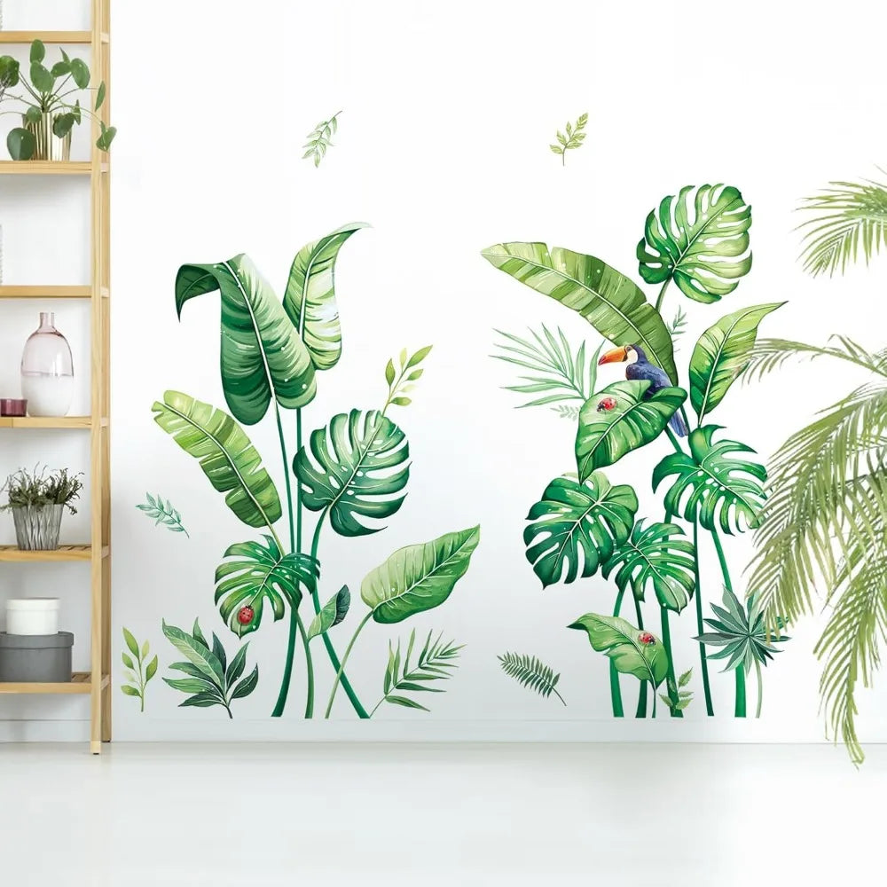 Tropical Palm Leaves Wall Stickers Large Monstera Leaf Wall Decals Green Plants Birds Peel and Stick Art Decor for Living Room