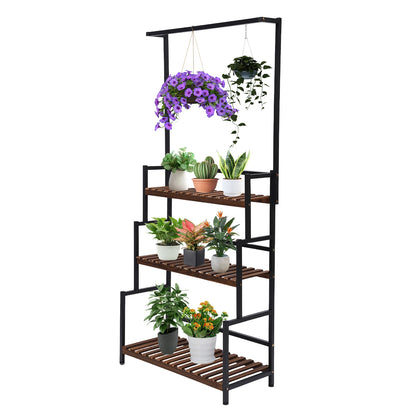 3-Tier Plant Stand Flower Stand 31.4''*13.4''*68.1'' Stepped Design For Hanging Baskets Potted Plants Black