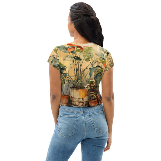 Womens Stretch Fit Crop Tee T-shirt - Earthy Rustic Potted Plants