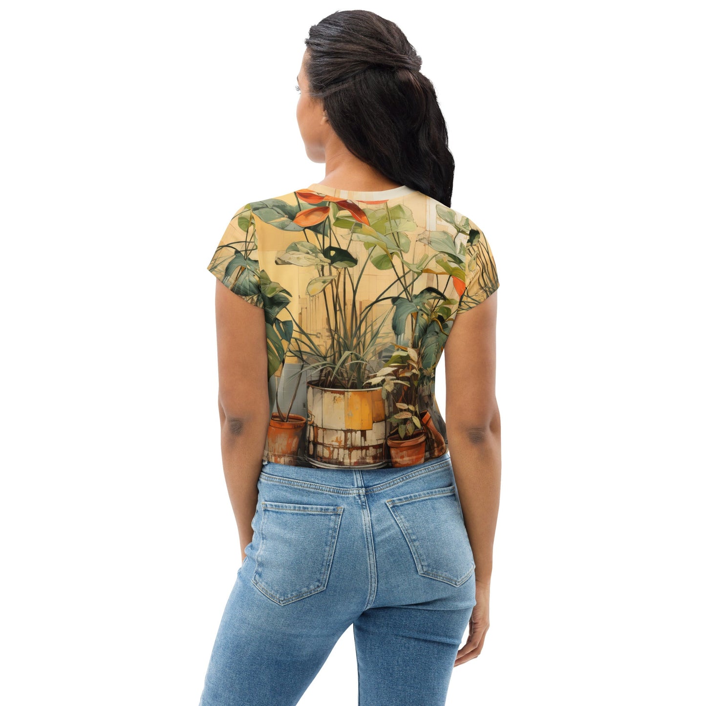 Womens Stretch Fit Crop Tee T-shirt - Earthy Rustic Potted Plants