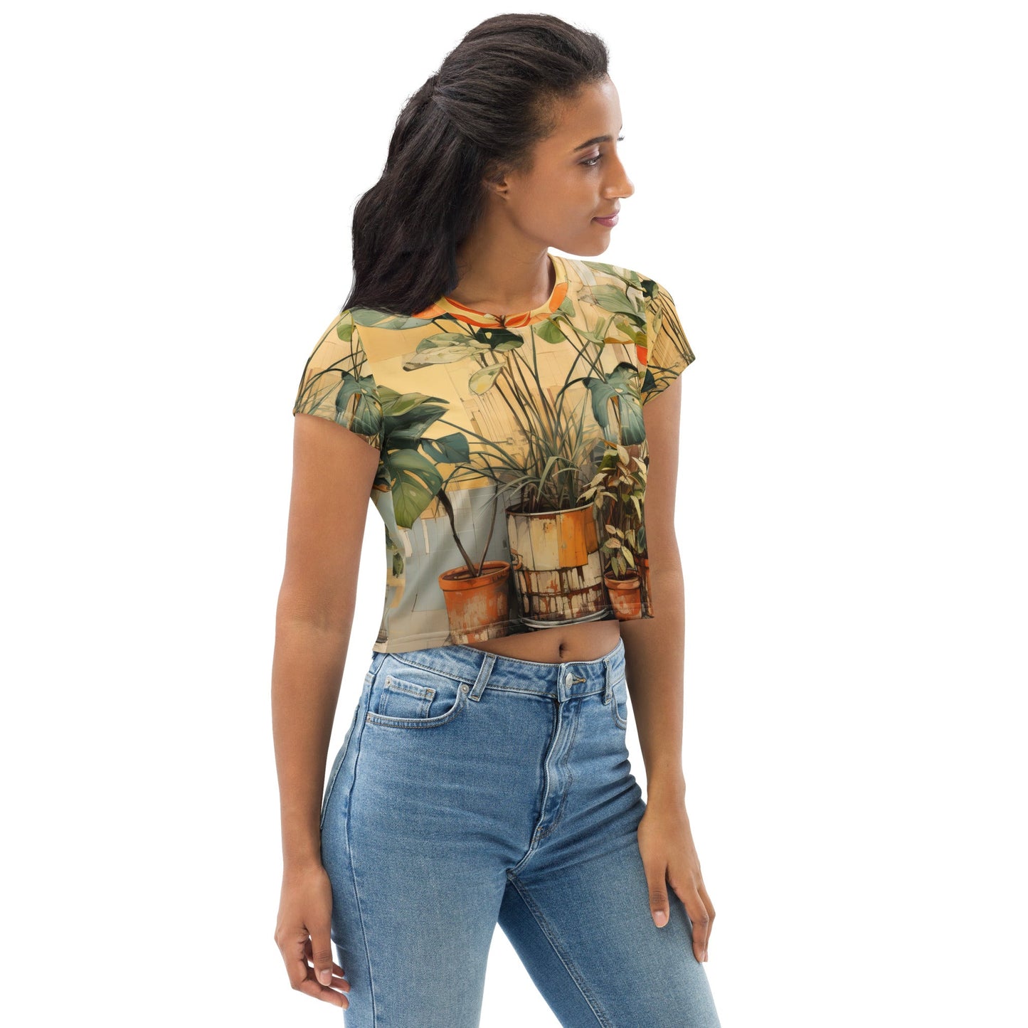 Womens Stretch Fit Crop Tee T-shirt - Earthy Rustic Potted Plants