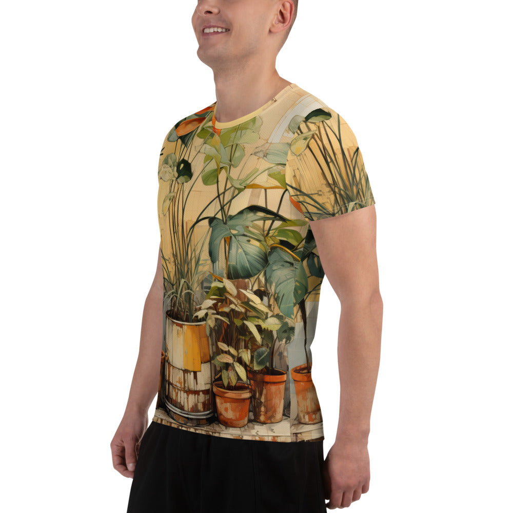 Mens Stretch Fit Athletic Sports T-shirt - Earthy Rustic Potted Plants