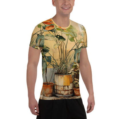 Mens Stretch Fit Athletic Sports T-shirt - Earthy Rustic Potted Plants