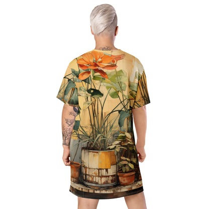 Womens Graphic T-shirt Dress - Earthy Rustic Potted Plants Print