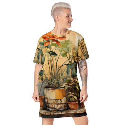 Womens Graphic T-shirt Dress - Earthy Rustic Potted Plants Print