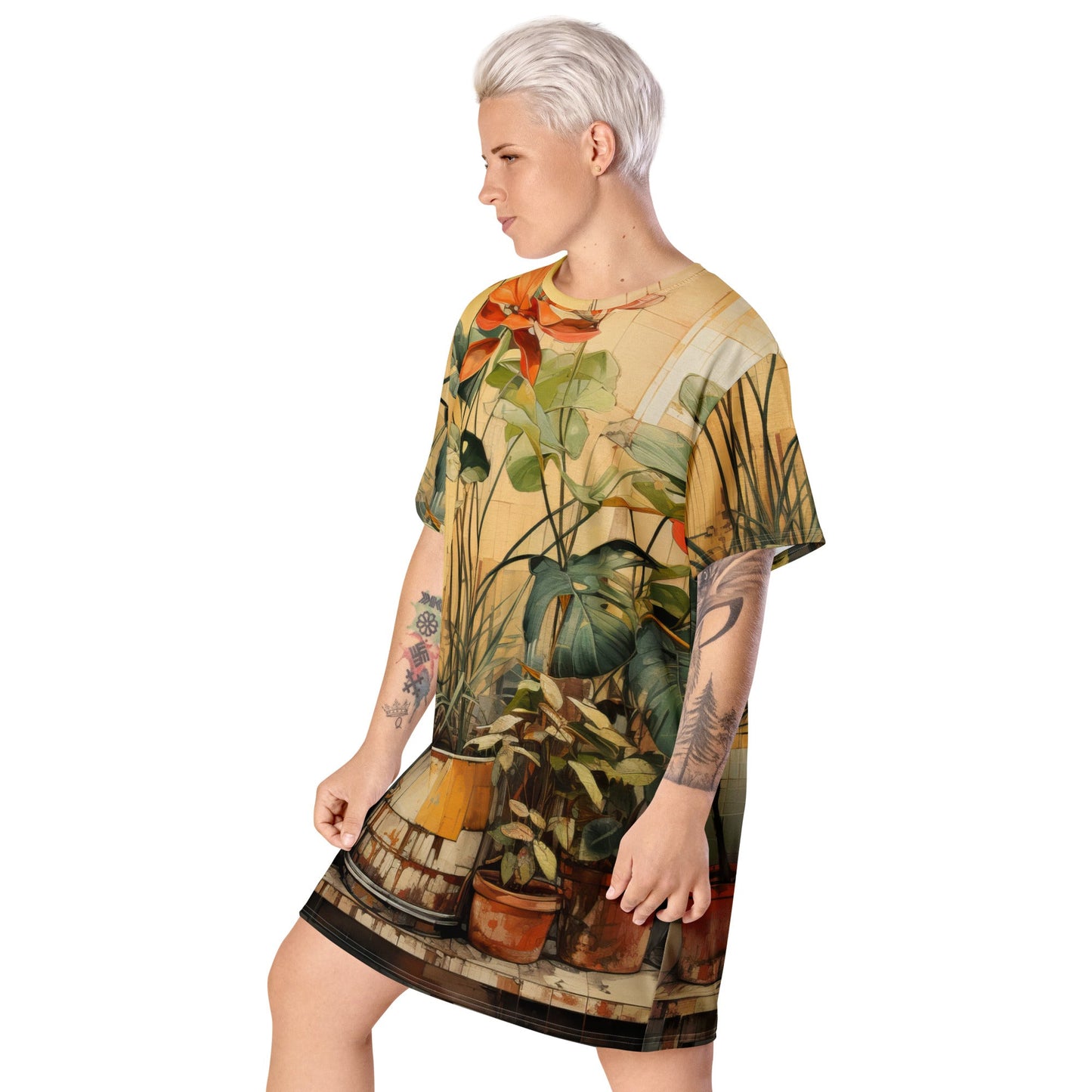 Womens Graphic T-shirt Dress - Earthy Rustic Potted Plants Print
