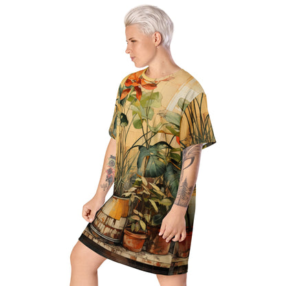 Womens Graphic T-shirt Dress - Earthy Rustic Potted Plants Print