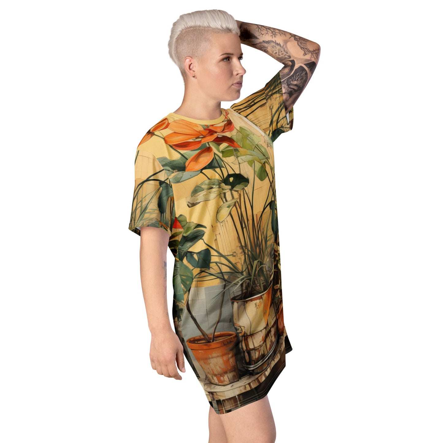 Womens Graphic T-shirt Dress - Earthy Rustic Potted Plants Print