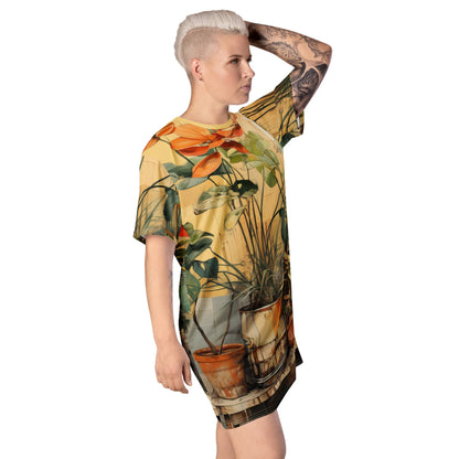 Womens Graphic T-shirt Dress - Earthy Rustic Potted Plants Print