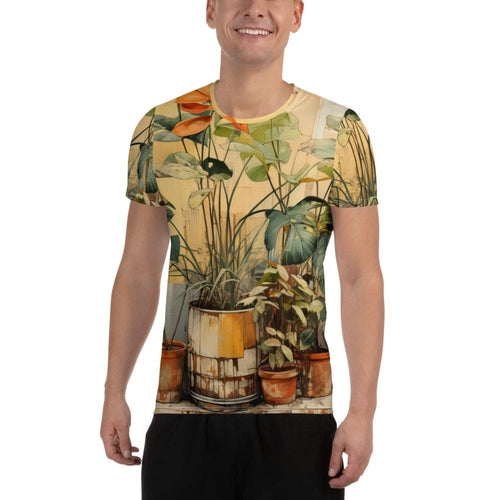 Mens Stretch Fit Athletic Sports T-shirt - Earthy Rustic Potted Plants