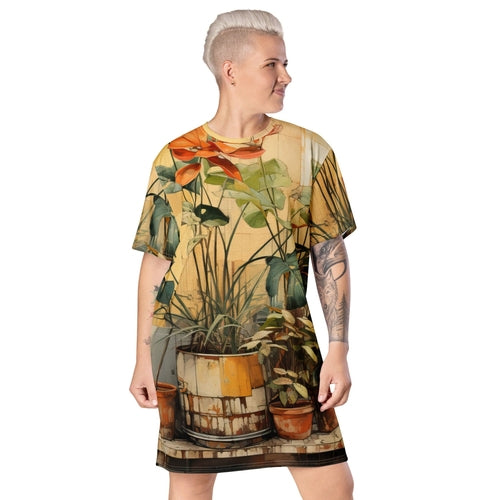 Womens Graphic T-shirt Dress - Earthy Rustic Potted Plants Print