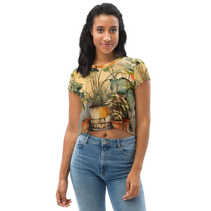 Womens Stretch Fit Crop Tee T-shirt - Earthy Rustic Potted Plants